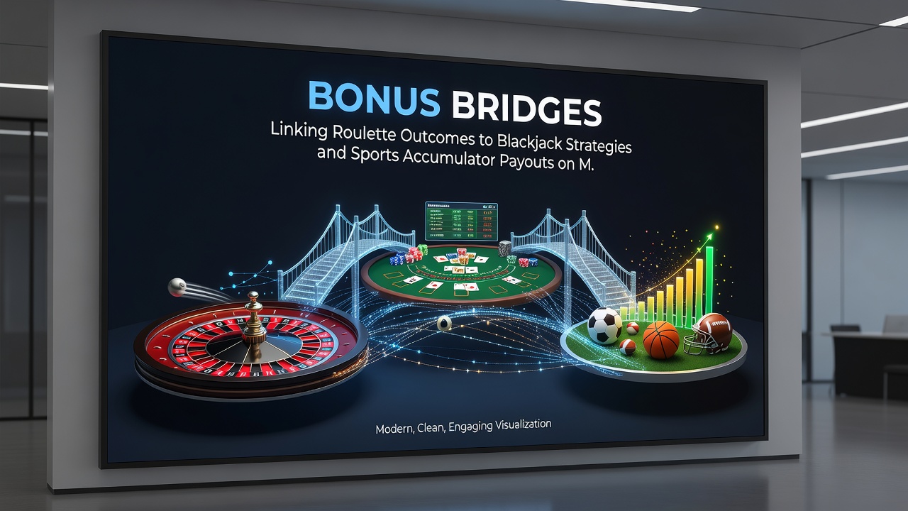 Illustration of interconnected bonus pathways between roulette wheel, blackjack table, and sports accumulator interface on smartphone