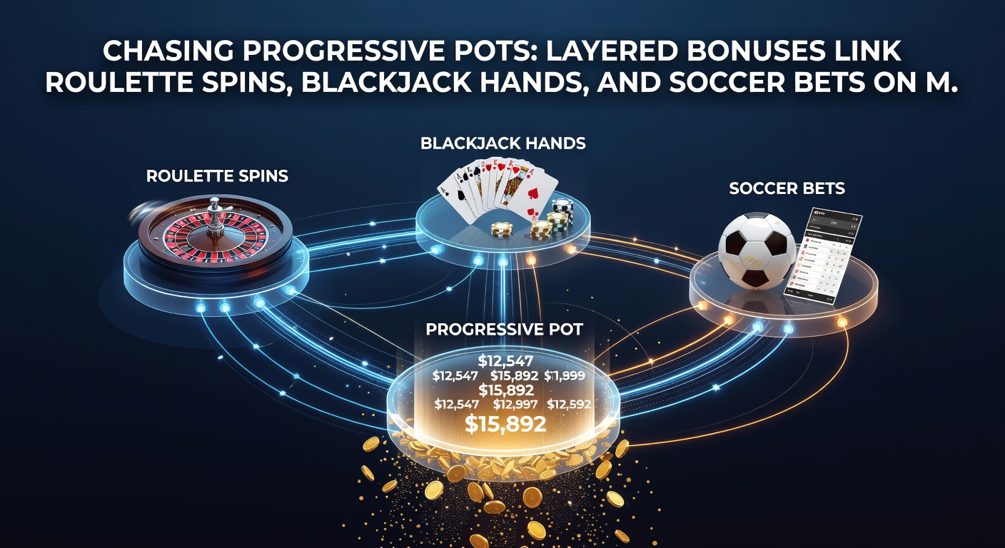 Dynamic graphic of layered bonus progression from roulette to blackjack to soccer bet, with rising progressive jackpot meter
