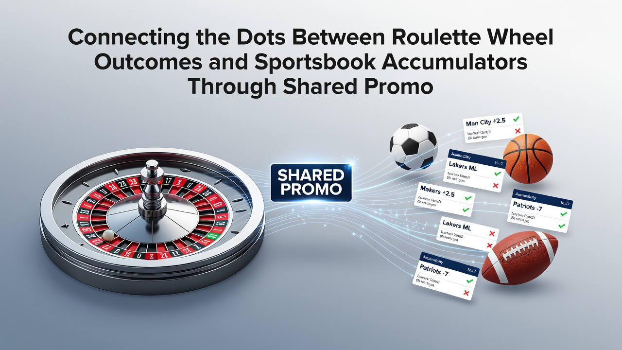 Split screen showing roulette table on one side and sports accumulator builder on the other with bonus progress bar connecting both
