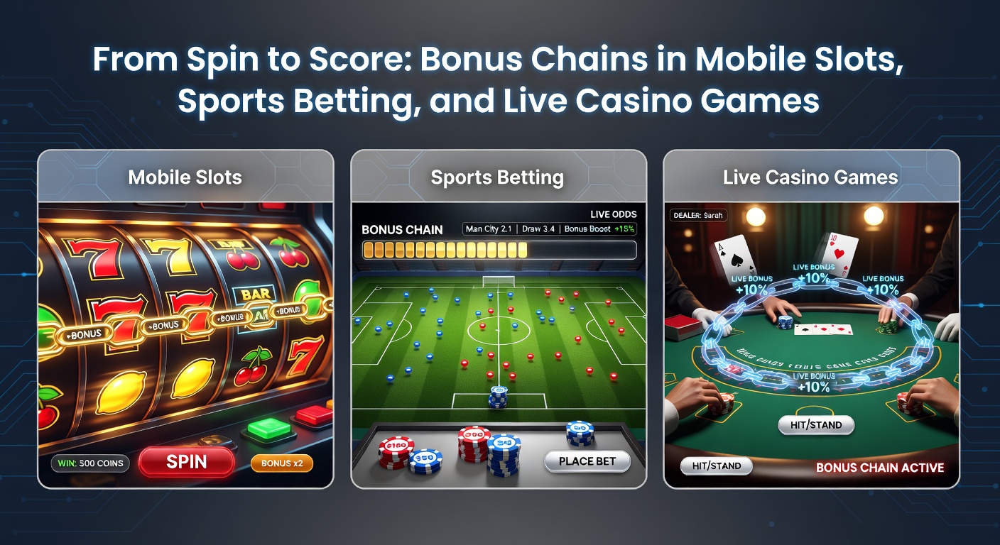 Dynamic graphic illustrating a bonus chain flow from slot free spins through sports betting odds to live blackjack wins