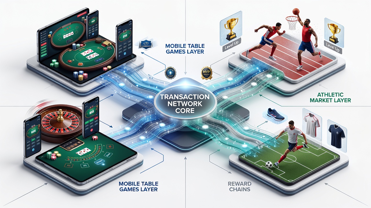 Diagram showing layered reward chains linking mobile table games to athletic markets and prize pool growth