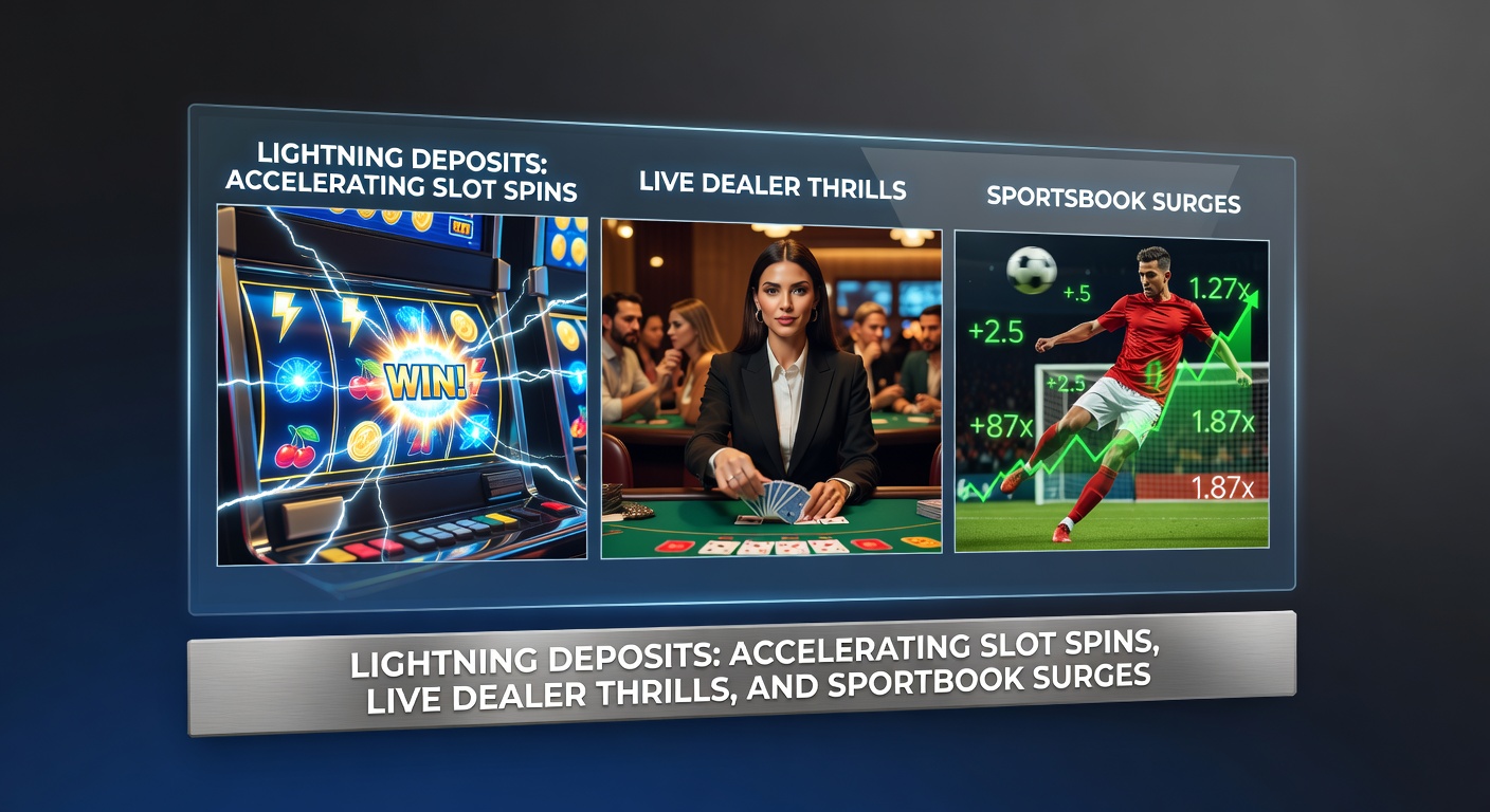 Vibrant scene showing a smartphone depositing funds via lightning bolt, transitioning to active slot reels, blackjack tables with live dealers, and live sports odds updating in real-time