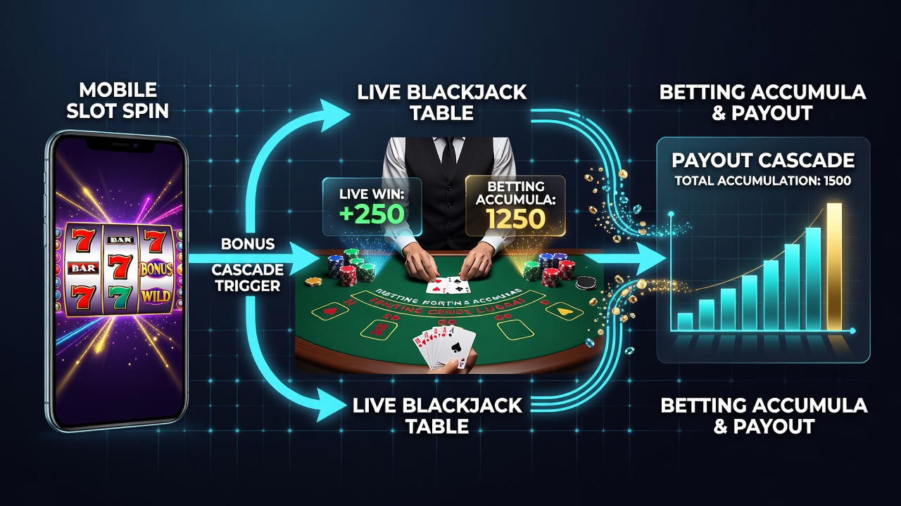 Screenshot of a mobile interface displaying connected bonus balances across slots, blackjack, and accumulator bets