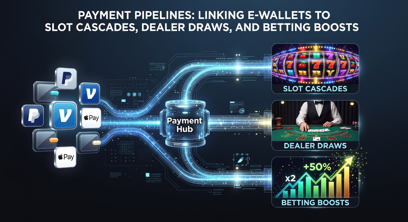Animated graphic of e-wallet transaction flowing into cascading slot wins, live dealer card draws, and surging betting odds on a sportsbook interface