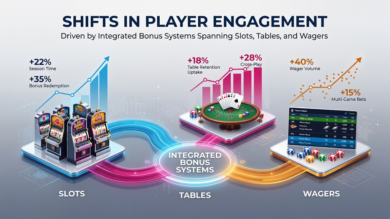 Analytics dashboard displaying player movement between slot, table, and sports wager categories within a unified bonus ecosystem