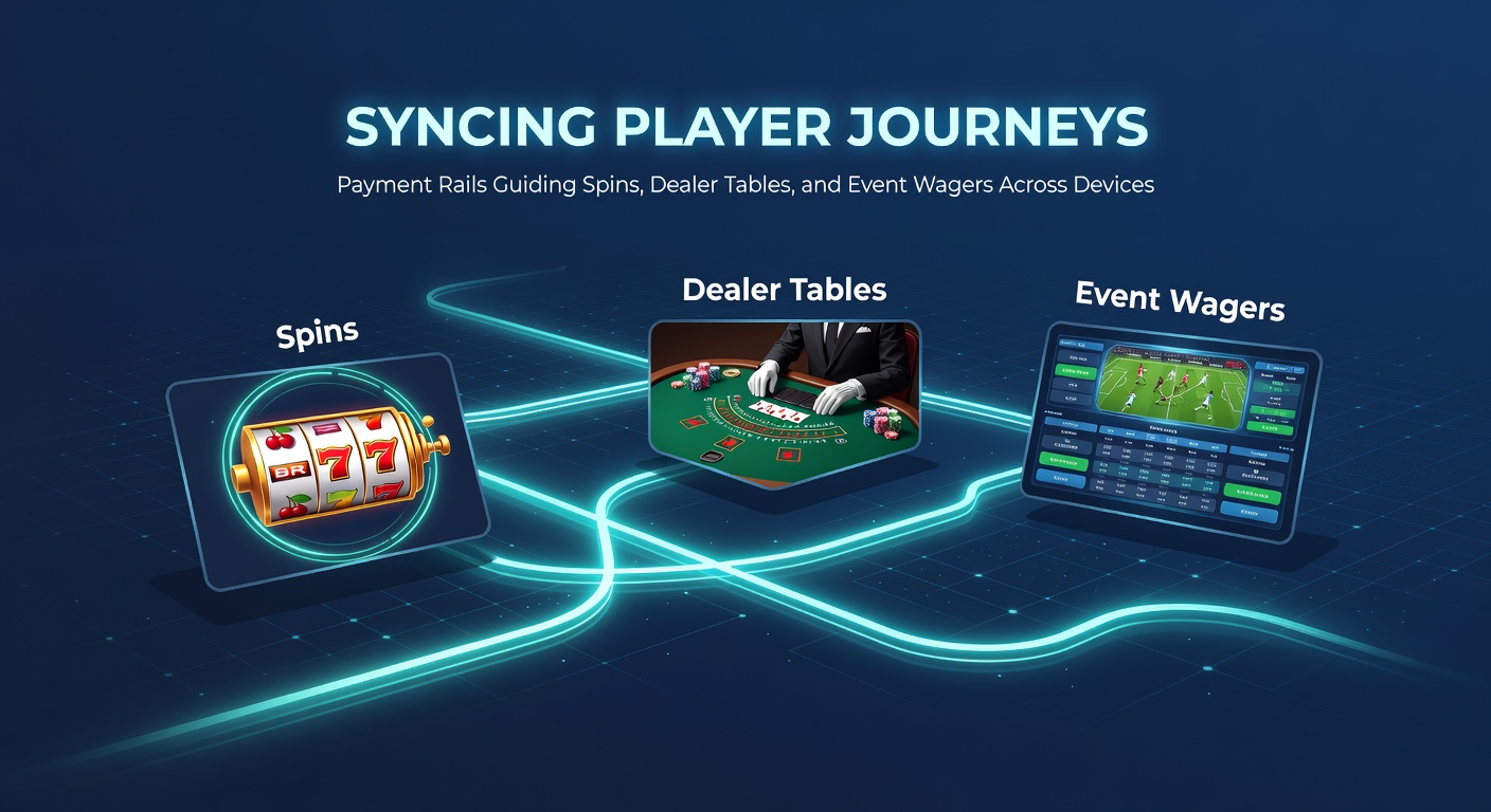 Diagram showing payment rails connecting mobile slots, desktop live casino tables, and tablet sports betting interfaces in a single synchronized flow