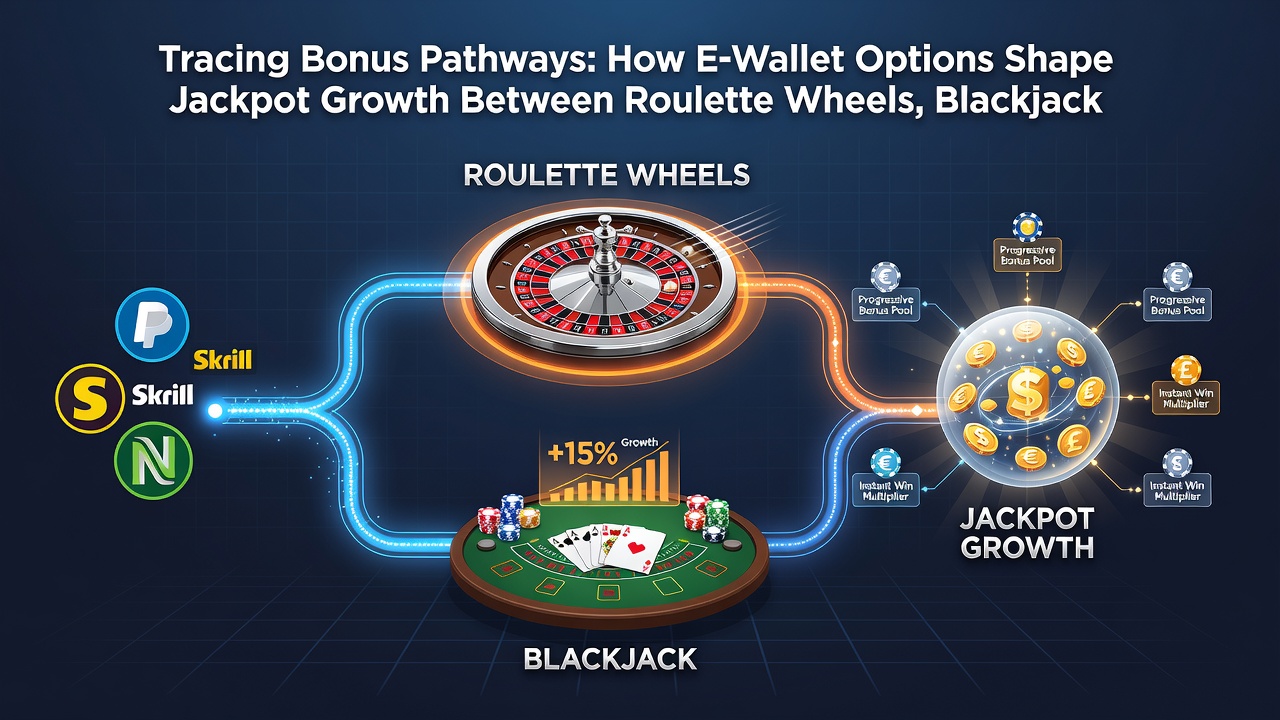 Infographic depicting jackpot growth metrics across roulette, blackjack, and sports betting when funded through e-wallets